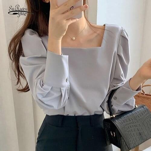 2021 Spring Vintage Blouse Korean Lantern Long Sleeve Shirt Square Collar Single-breasted Solid Casual Blouse Women Blusas 12385