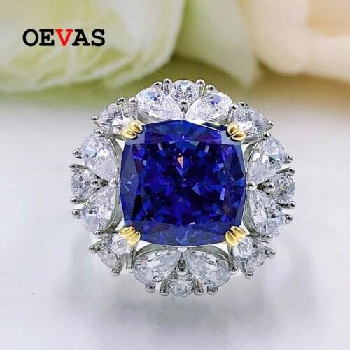 OEVAS 100% 925 Sterling Silver 11*11mm Yellow Sapphire High Carbon Diamond Rings For Women Sparkling Wedding Party Fine Jewelry