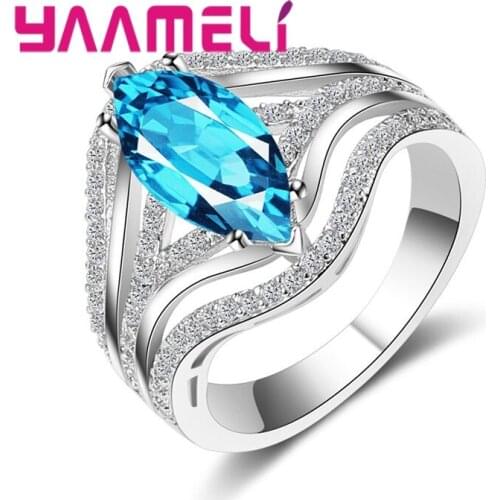 Fashion Classic Wide Brand Women Female Party Wedding 925 Sterling Silver Geometric Ring Aqua Blue Cubic Zirconia