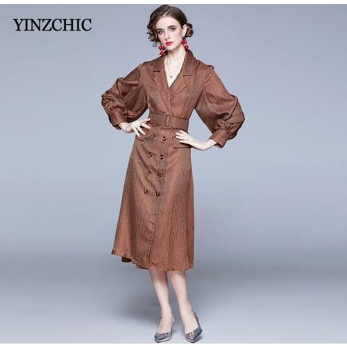 Woman Autumn Mid Coat Dress Single Breasted Female Elegant Brown A-line Skirt Notched Neck Striped Ourwear for Office Lady