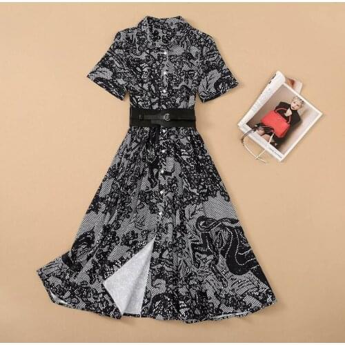 2021 Summer Hot Sale Dress High Quality Women Turn-down Collar Geometric Print Wide Belt Deco Short Sleeve Long Shirt Dress OL