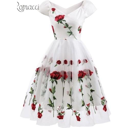 Women Dress Floral Embroidered Mesh Sexy Off the Shoulder Dress Vintage A-Line Tea Cocktail Party Dress Female