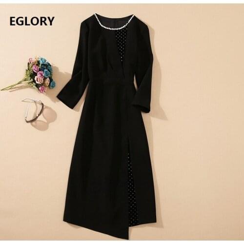 Elegant Party Black Dresses 2020 Autumn Winter Celebrity Style Women O-Neck Crystal Beading Deco 3/4 Sleeve Midi Bodycon Dress