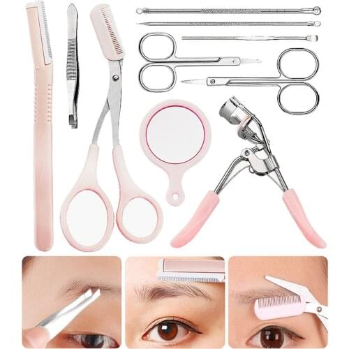 10pcs Cute Stainless Steel Eyebrow Scissors Tools Kit with Mirror Eyelash Curler Acne Tools Ear Spoon for DIY Shaping