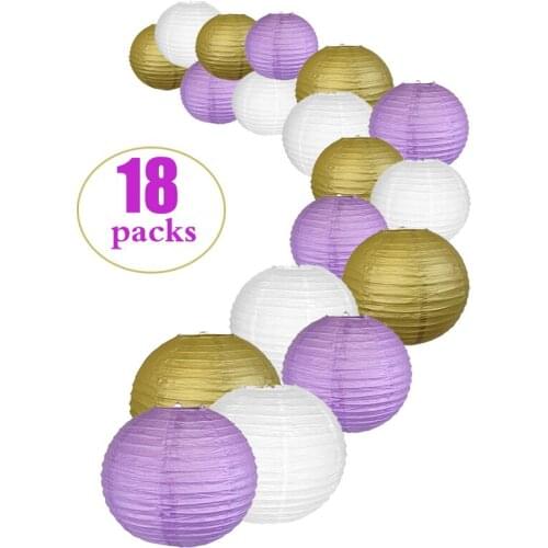 18 Packs 6"-12" White Purple Gold Chinese Paper Lantern Assorted Sizes lampion for Wedding Babyshower Outdoor Hanging Decor Favo