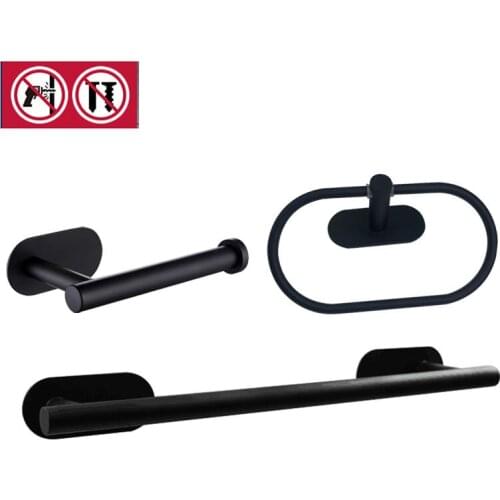 3M Self Adhesive Bathroom Accessories Set Stainless Steel Matte Black Towel Bar Robe Hooks Towel Ring Toilet Paper Holder