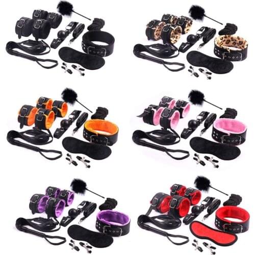 9Pcs Faux Leather Plush Handcuffs BDSM Bandage Set Nipple Clips Mouth Plug Sexy Lingerie Blindfold Adult Sex Toys