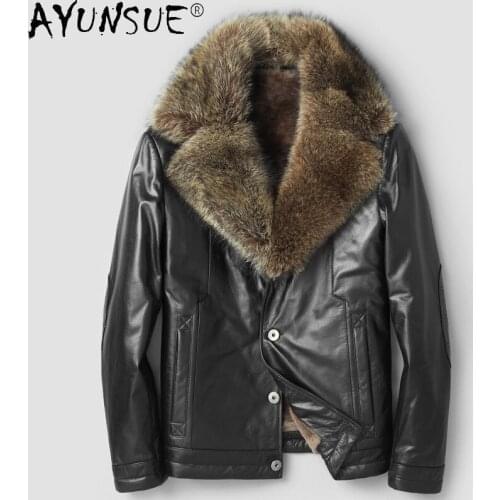 AYUNSUE Winter Mens Cow Genuine Leather Jacket Real Mink Fur Fox Fur Raccoon Fur Collar Mens Jackets and Coats Ropa LXR337