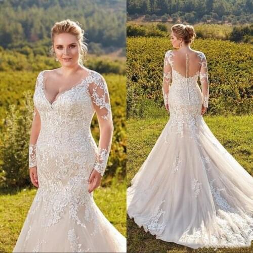 Elegant Plus Size Wedding Dresses 2019 V Neck Sheer Long Sleeves Lace Mermaid Wedding Bridal Gowns Illusion Back
