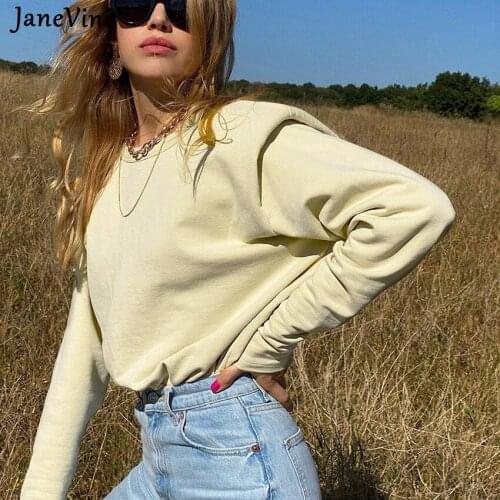 JaneVini 2021 Spring Autumn Fashion Women Sweatshirts Long Sleeve Shoulder Pad Casual O Neck Pullover Female Solid Tops Outwear