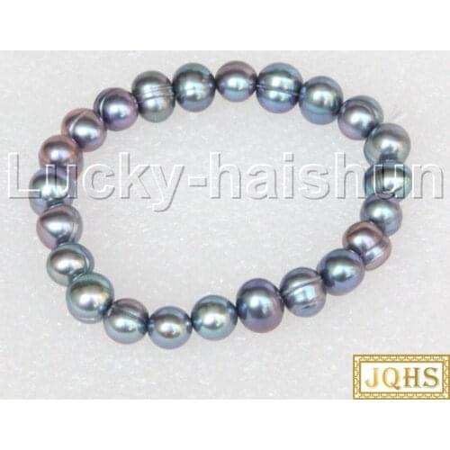 JQHS 7" 10mm springy resilient round black freshwater pearls Bracelet j13203