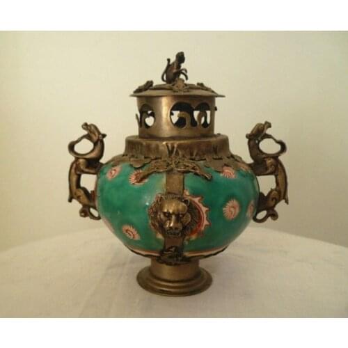 CHINESE HANDWORK PAINTING OLD PORCELAIN INCENSE BURNER Garden Decoration 100% real Tibetan Silver Brassroom Art Statue