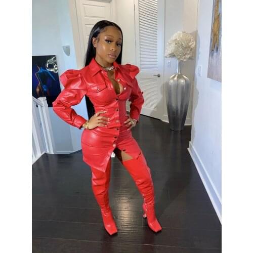 Echoine Autumn Winter PU Leather Puff Sleeve Mini Dress Sexy Women Button Elegant Dresses Party Night Club Outfits Vestidos