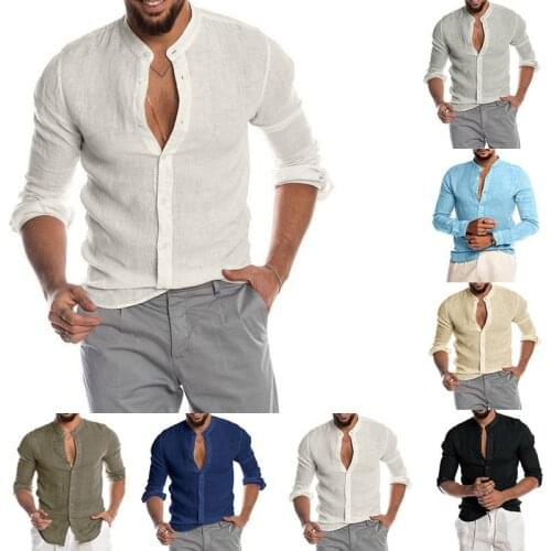 Men V Neck Cotton Linen Blouse Tops Spring Autumn Fashion Male Long Sleeve Slim Button Open Tee Tops WDC8308