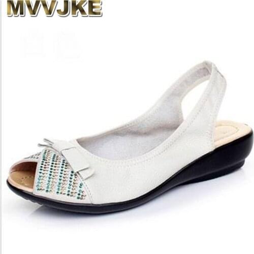 MVVJKE New 2018 summer shoes women genuine leather Rhinestone wedges shoes sandal Peep Toe womens sandals Plus size(35-43)
