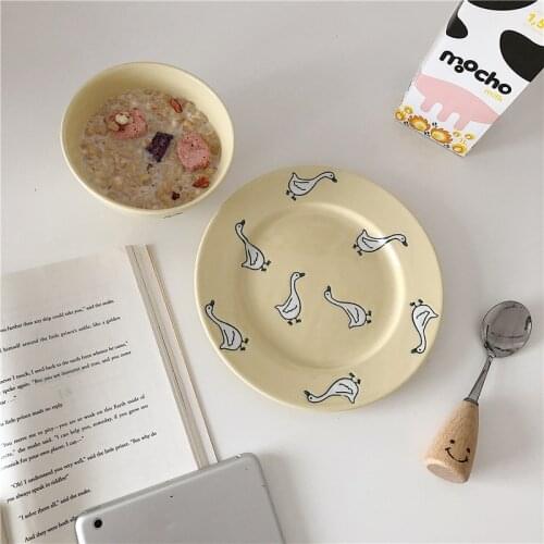 Japanese Style Milk Yellow Lovely Goose Bowl Set Home Decoration Ceramic Tableware Breakfast Dessert Plate