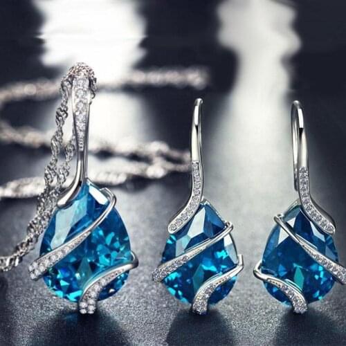 Water Drop Sharp Setting Cubic Zirconia Necklace Earrings Set Sea Blue Color Party Jewelry Sets for Women