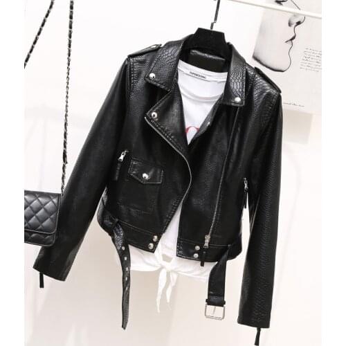 New Women Leather Coat Spring Autumn Long Sleeved With Belt Faux Leather Jacket Female Punk Outwear Ladies Biker Moto Outwear