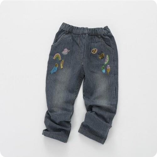 2016 New Pattern Children Childrens Garment Girl Rainbow Watermelon Fruits Embroidery Stripe Jeans Children Long Pants