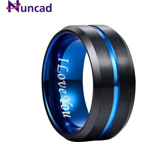 New Mens Tungsten Carbide Ring Blue+Black Tungsten Steel Ring Beveled Edge Wedding Band 10mm 6mm 4mm Size 7-17 Comfort Fit