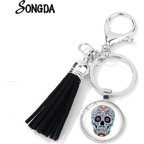 Punk Fashion Sugar Skull Keychain Mexican Day of The Dead Theme Glass Dome Leather Tassel Key Ring Handmade Bag Llaveros