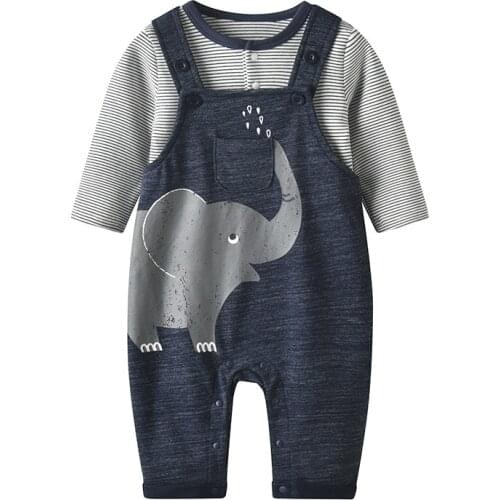 Autumn boys striped shirt overalls cartoon elephant baby climb clothes out