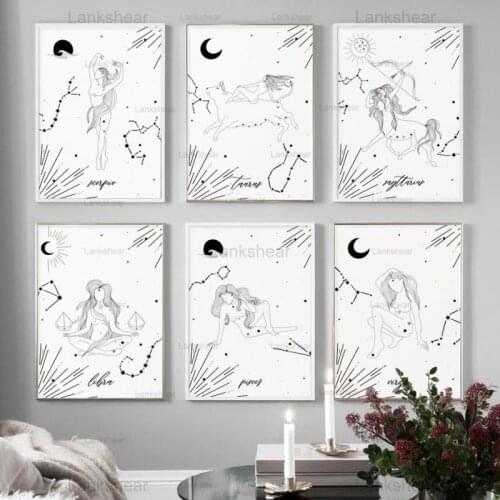 Zodiac Signs Poster Guard Girl Black White Wall Art Canvas Painting Nordic Posters and Prints Picture for Living Room Home Decor