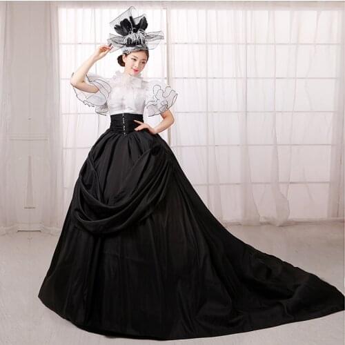 Victorian dress Black/White Short Sleeve Medieval Renaissance European royal Court Party Long Train Dress Stage dress