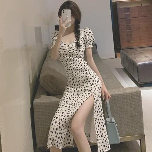 New Summer Harajuku Gothic White Floral Split Long Dress Women Summer Temperament Slim Sexy Fashion A-line Dress