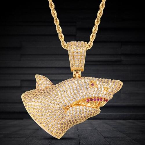 Ice Out Cubic AAA+ Zircon Domineering Shark Pendant Necklace Hip Hop Gold Silver Rose Gold Color Charm Jewelry for Men Women