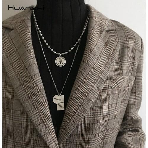 HUANZHI HipHop Vintage Coin Pendant Square Round Letter Punk Long Chain Necklaces for Women Men Party Jewelry Gifts