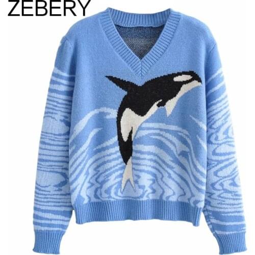 ZEBERY Winter Fashion Warm Sweater Women Casual Chest Before Dolphin Print V-Neck Knitted Pullover Female Long Sleeves Jumpers