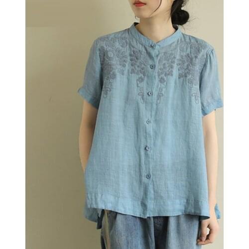 Cotton Linen Blouse Femme Blusas Plus Size Summer New Arts Style Women Short Sleeve Loose Shirts Vintage Embroidery
