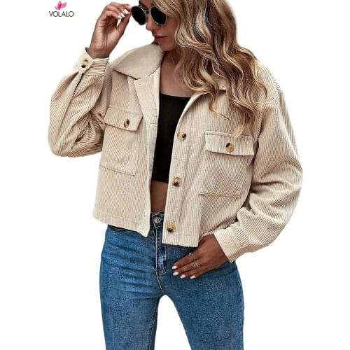 Women Casual Cropped Corduroy Jackets Button Down Long Sleeve Shirts Jacket With Pockets Women Short Overcoat Ladies Jacket Tops