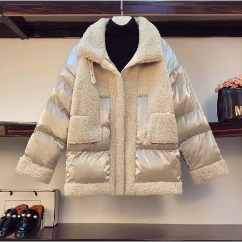 2021 Womens Winter Jacket Coat Korean Style Loose Fashion Lamb Wool Patchwork Parker Womens Fashion Oversize Outerwear 4XL