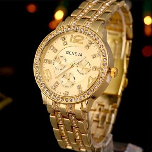 Top BIG Golden Geneva Stainless Metal Watch Women Rhinestone casual dress wristwatch Crystal Fashion Girl B042