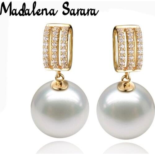 MADALENA SARARA 9.5-10mm AAA Saltwater White Pearl 18K Women Earrings Geometric Dangle Au750 Women Handmade Line Earrings