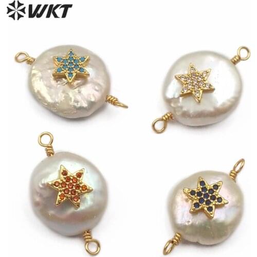 WT-MC274 WKT Natural Pearl＆CZ Pave Star Exquisite Colorful Connector Double Hoops Women Fashion Necklace Pendant Jewelry