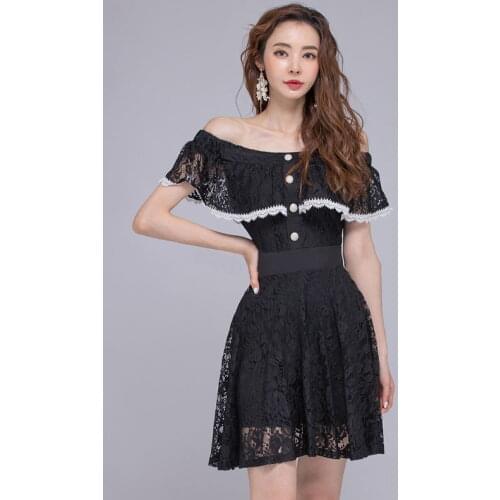 2020 New Elegant Korean Sexy Slash Neck Ruffles Patchwork Lace Dress Vintage OL Office Party Work Dresses Female Vestidos