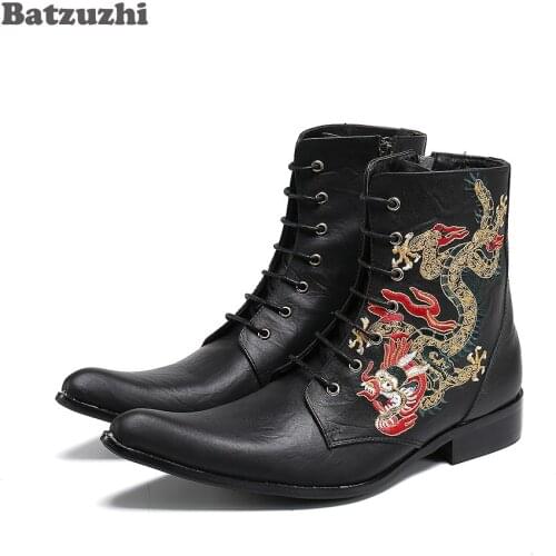 Batzuzhi Luxury Handmade Mens Boots Shoes Pointed Toe Embroidery Black Leather Ankle Boots Men Motorcycle/Biking Botas Hombre