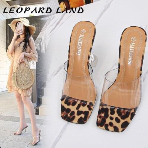 LEOPARD LAND 45 46 Leopard Print Sandals Open Toe High Heels Transparent Perspex Slippers Shoes Heel Clear Sandals WZ-9720
