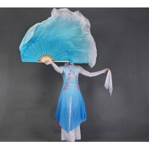 Wholesale Blue White Gradient Double Side Fan Two Layers Half Circle Belly Dancing Fan Stage Props Chinese Folk Dance Show