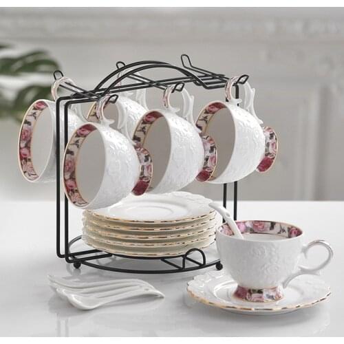 Europe Ceramic coffee cup set High-grade British Embossed porcelain afternoon Flower tea cup cup and saucer With spoon shelf