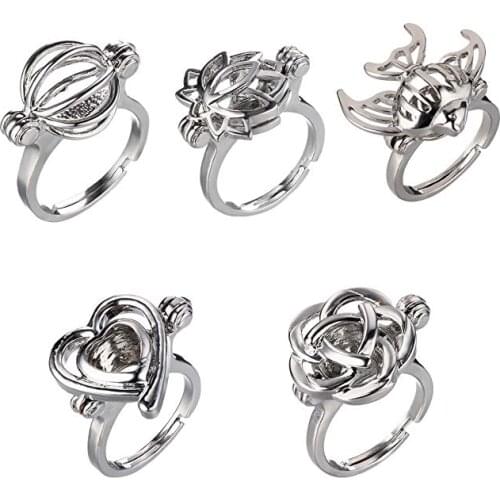 HENGSHENG 5 PCS Mixed Shape Hollow Locket Rings Adjustable Cage Charms Rings for Women