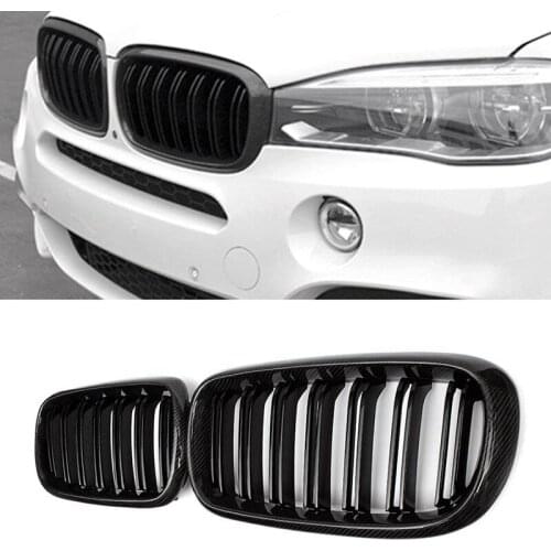 Car Carbon Fiber&Gloss Black Double Slats Front Kidney Grille Grill For-BMW X5 F15 X6 F16 X5M F85 X6M F86 2014-2018