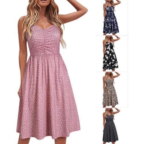 Summer Women High Waist V-neck Dress Female Sexy Leopard Floral Printed Midi Dresses Ladies Suspender Bohemia Beach Sundress