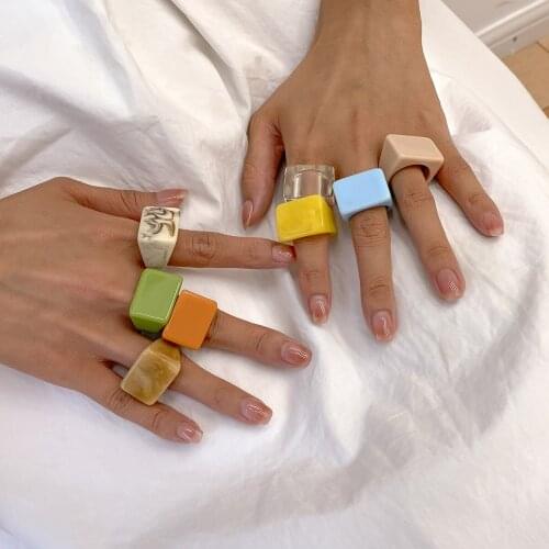 New European and American Style Jewelry Creative Geometric Color Square Wide Side Ring Simple Fashion Color Resin Ring Ring 2021