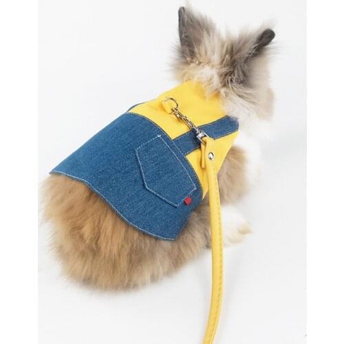 Pet Rabbit Clothes Denim Jacket Coat Small Animal Harness Leash Vest Bag Hat Set for Ferret Bunny Hamster Puppy Kitten
