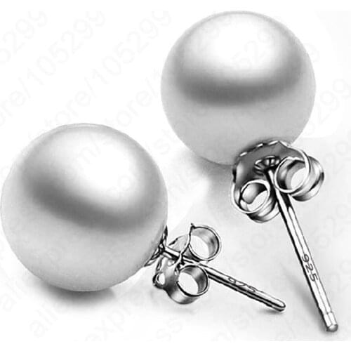 One Pair New 925 Sterling Silver 8MM Round Pearl Beads Stud Earring For Woman Fine Jewelry With Back Stoppers