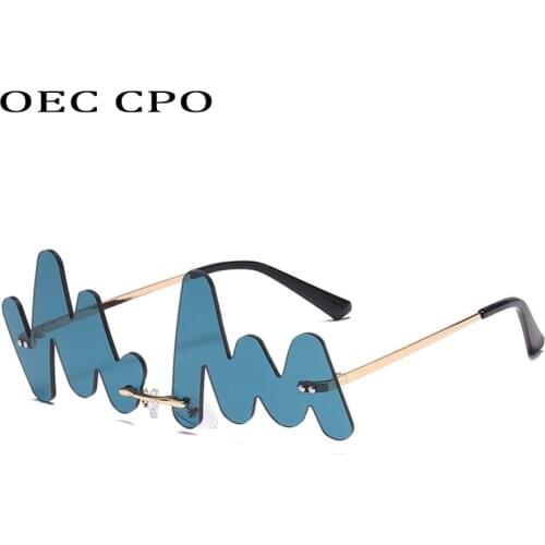 OEC CPO Personality Wave Rimless Sunglasses Women Brand Fashion Punk Sun Glasses Female Frameless Blue Curved Glasses UV400 O736